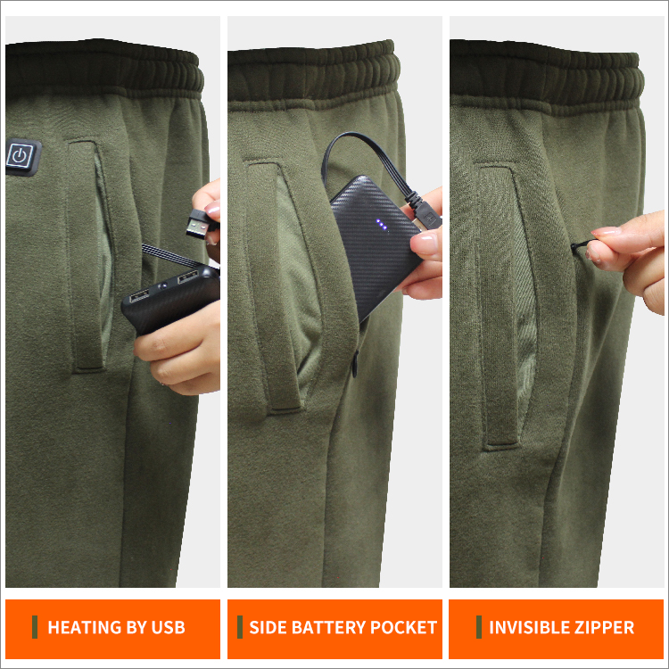 Winter Army Green Trousers Battery 3 Zones Heated Sports Pants For Men