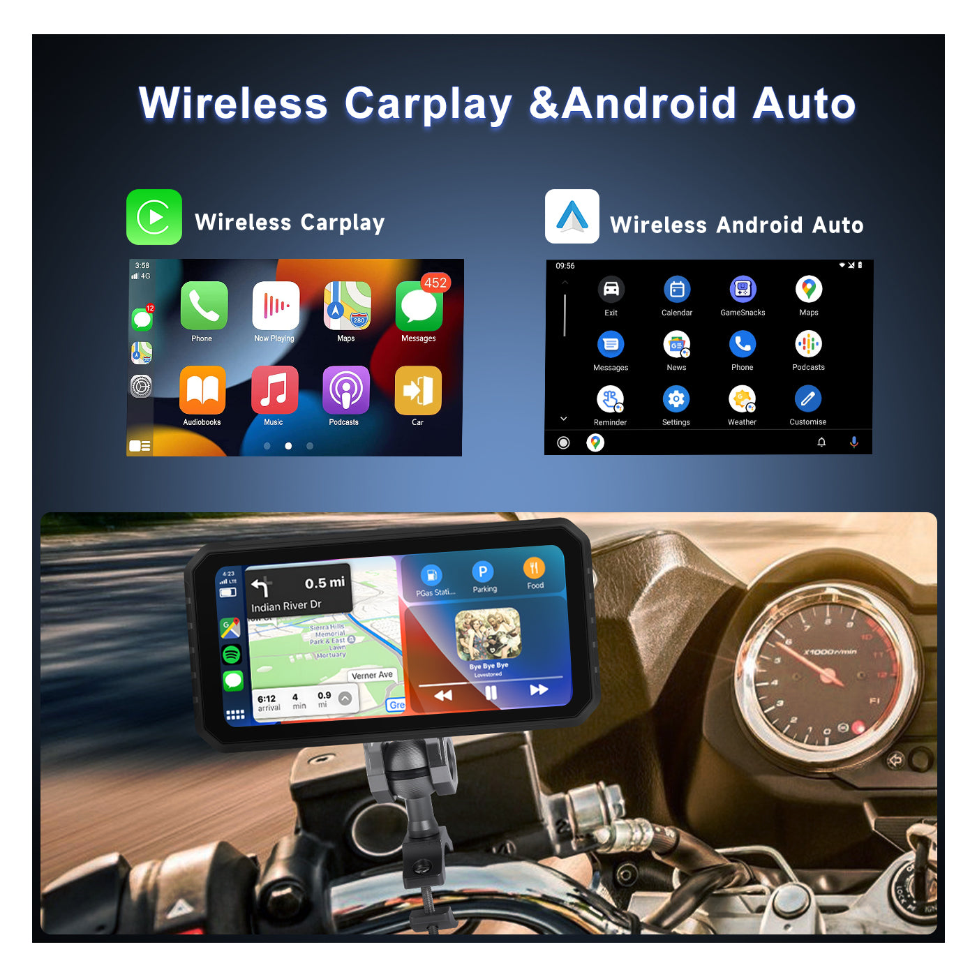 Zmecar Sistema Android de 6,2 pulgadas 2 + 32 GB Motocicleta portátil Carplay Soporte Carplay inalámbrico Android Auto WIFI Bluetooth Tarjeta TF auxiliar Navegación GPS