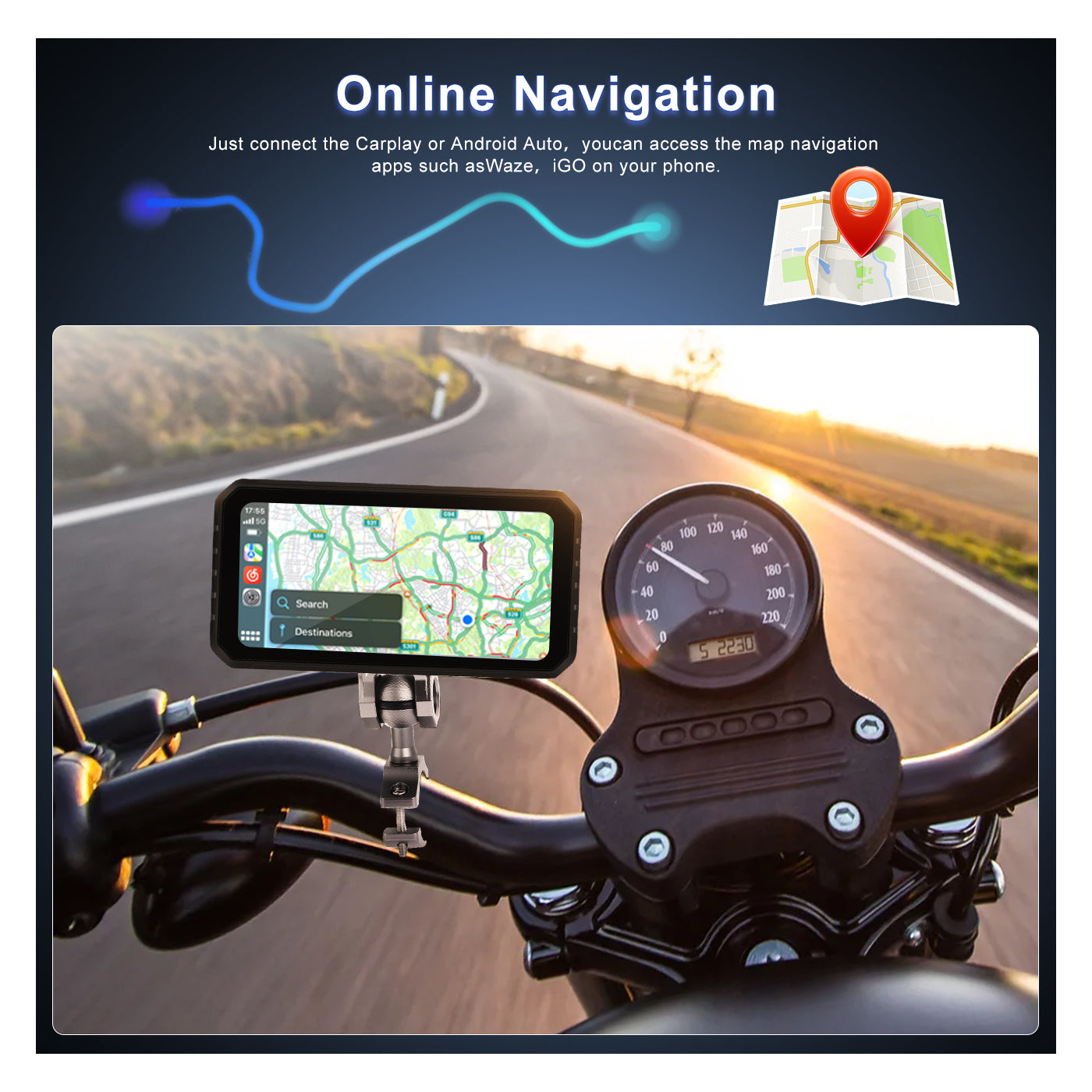 Zmecar Sistema Android de 6,2 pulgadas 2 + 32 GB Motocicleta portátil Carplay Soporte Carplay inalámbrico Android Auto WIFI Bluetooth Tarjeta TF auxiliar Navegación GPS