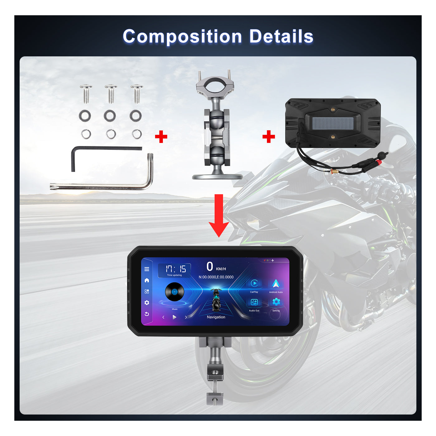 Zmecar Sistema Android de 6,2 pulgadas 2 + 32 GB Motocicleta portátil Carplay Soporte Carplay inalámbrico Android Auto WIFI Bluetooth Tarjeta TF auxiliar Navegación GPS