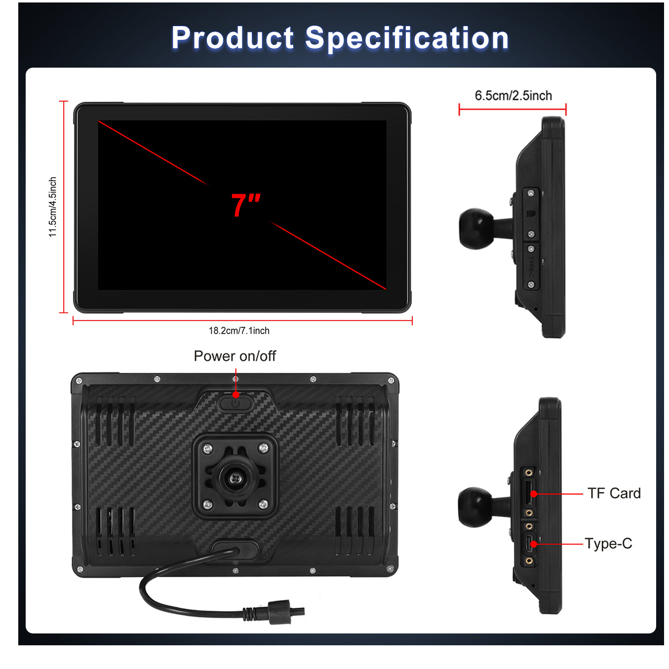 Zmecar 7" Motorcycle GPS system Wireless Carplay Android Auto Screen IP67 Waterproof screen, Dual Bluetooth Connectivity, TF/Type-C