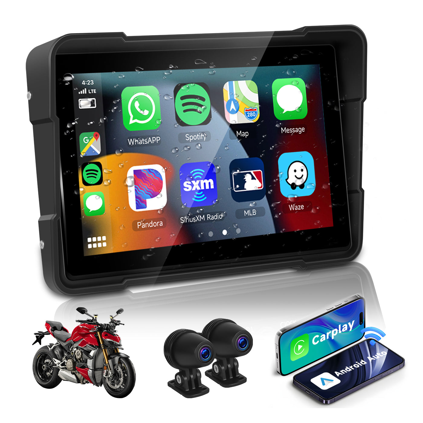 Zmecar 5-inch Motorcycle Carplay Wireless Android Auto Screen IP67 Waterproof screen, Dual Bluetooth system, Support DVR Two Cameras