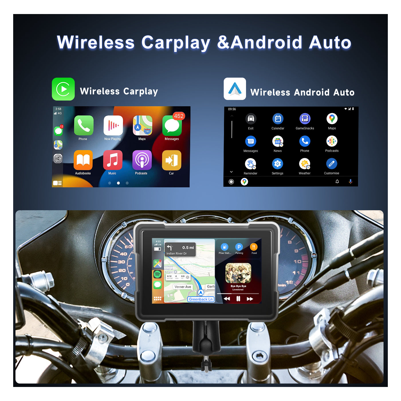 Zmecar 5-inch Motorcycle Carplay Wireless Android Auto Screen IP67 Waterproof screen, Dual Bluetooth system, Support DVR Two Cameras