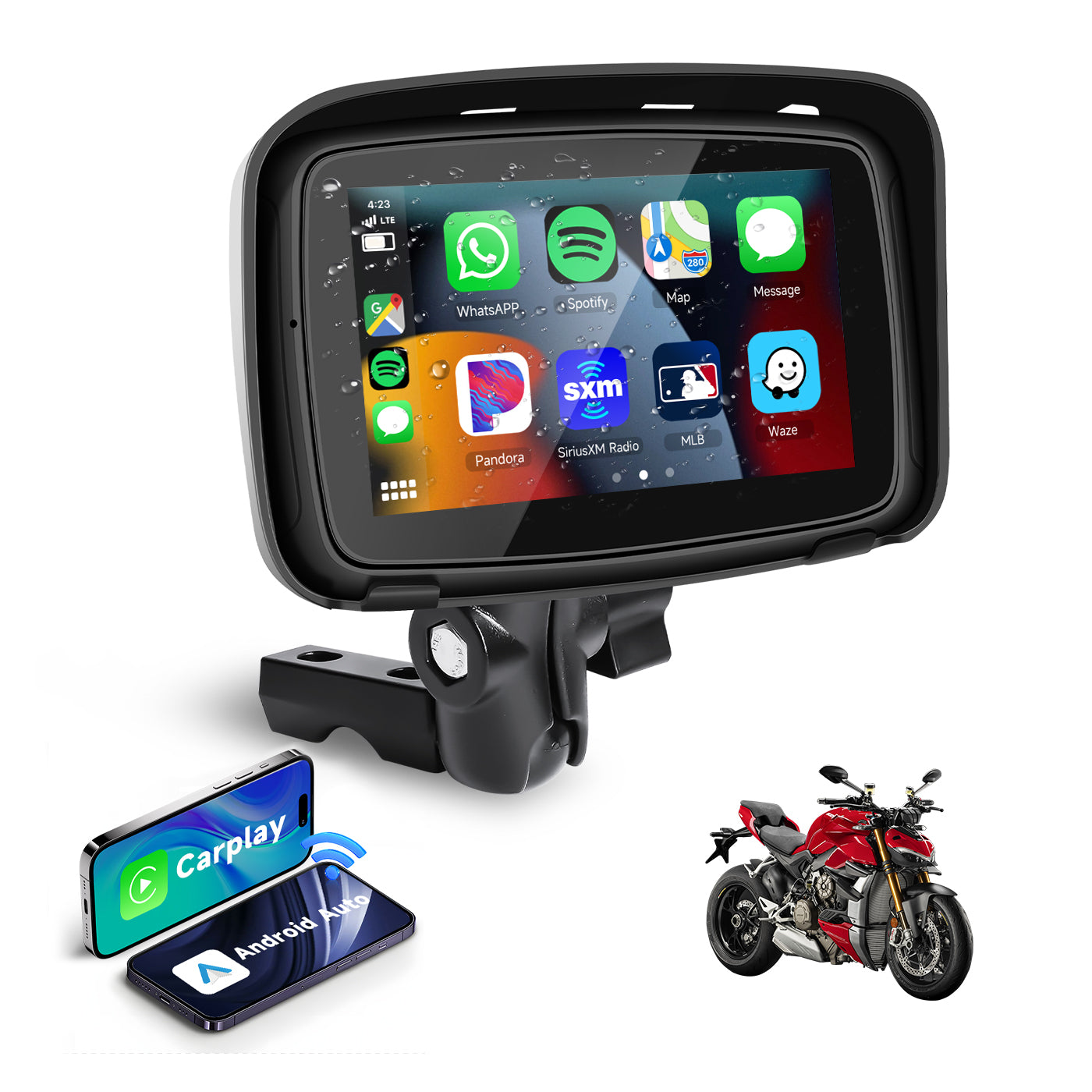 Portable Wireless CarPlay for Motorcycle Navigator 5 inch IPS Touch Screen Waterproof Andriod Auto Player for Motorcycle Voice Control Dual Bluetooth Work with Headset 12-24V
