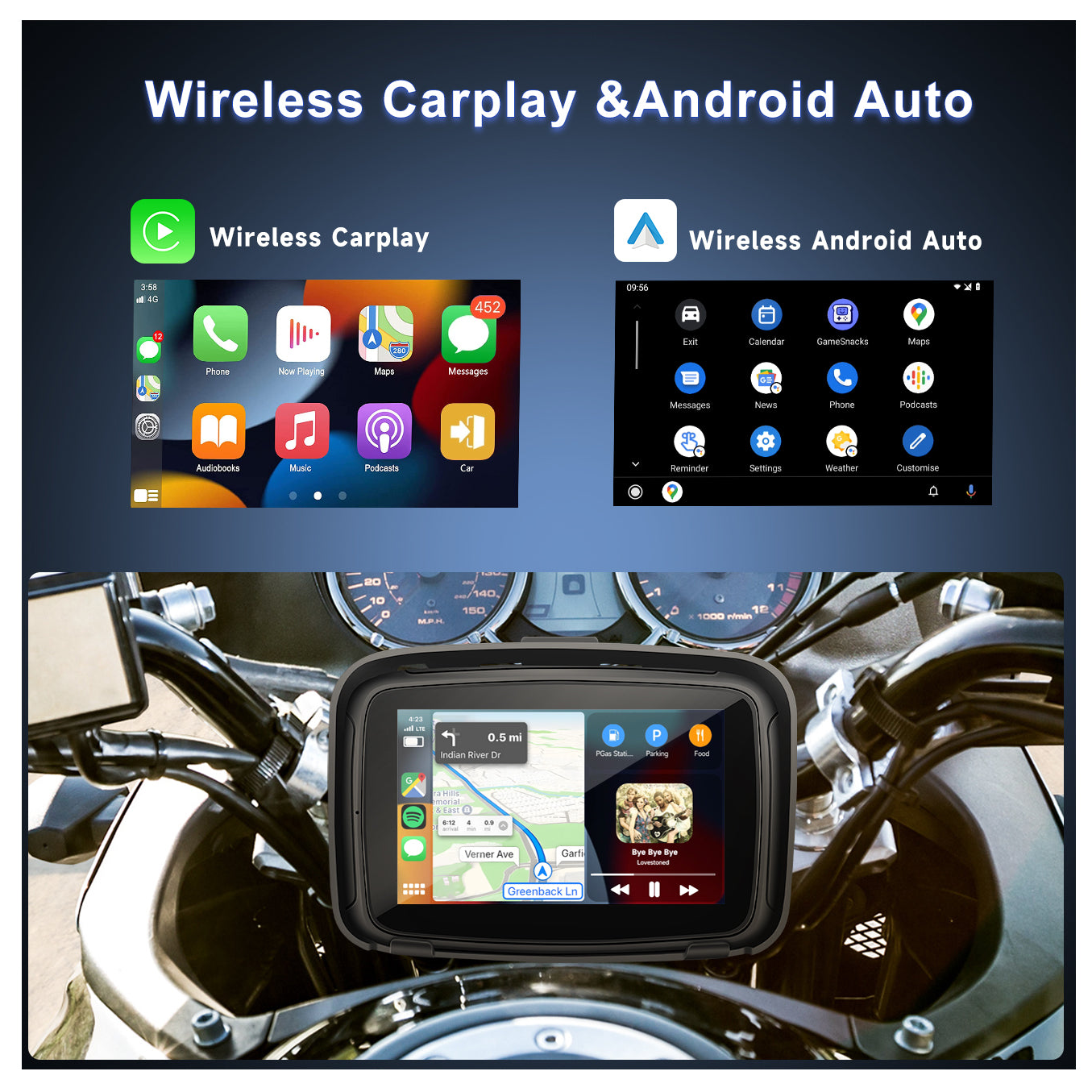 Portable Wireless CarPlay for Motorcycle Navigator 5 inch IPS Touch Screen Waterproof Andriod Auto Player for Motorcycle Voice Control Dual Bluetooth Work with Headset 12-24V