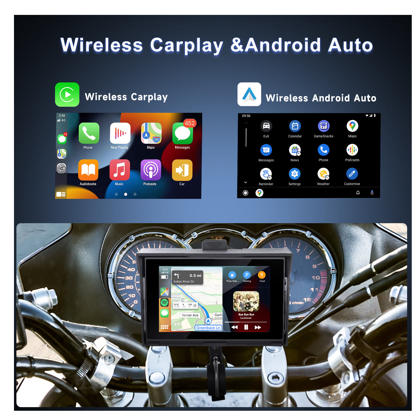 Zmecar 5" Motorcycle Carplay Portable Android Auto Screen Supports Android AirPlay Android Cast, Bluetooth transmitter TF/USB