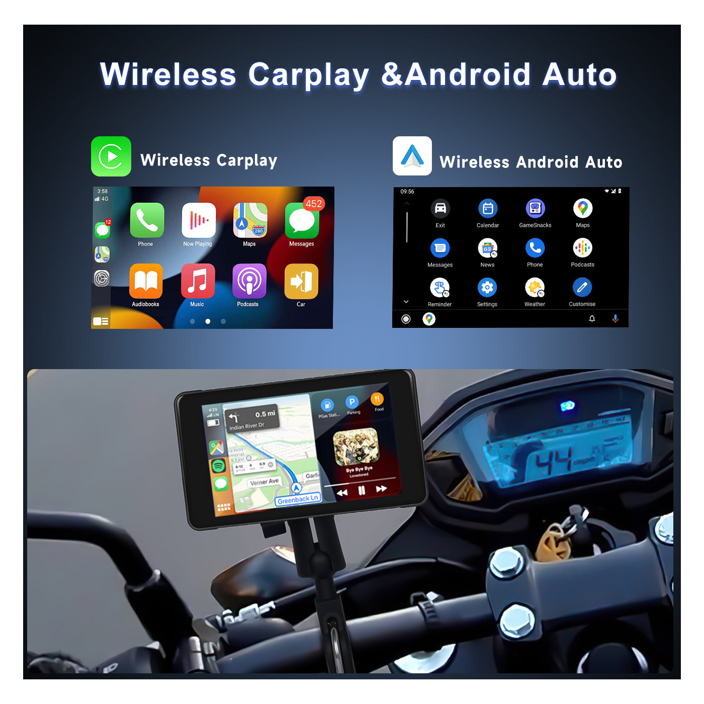 Zmecar 5inch Motorcycle GPS Wireless Carplay Android Auto Screen IP65 Waterproof screen, Dual Bluetooth Connectivity, TF/Type-C for Software Upgrade