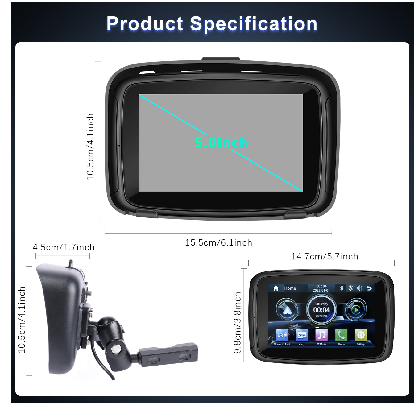 Portable Wireless CarPlay for Motorcycle Navigator 5 inch IPS Touch Screen Waterproof Andriod Auto Player for Motorcycle Voice Control Dual Bluetooth Work with Headset 12-24V