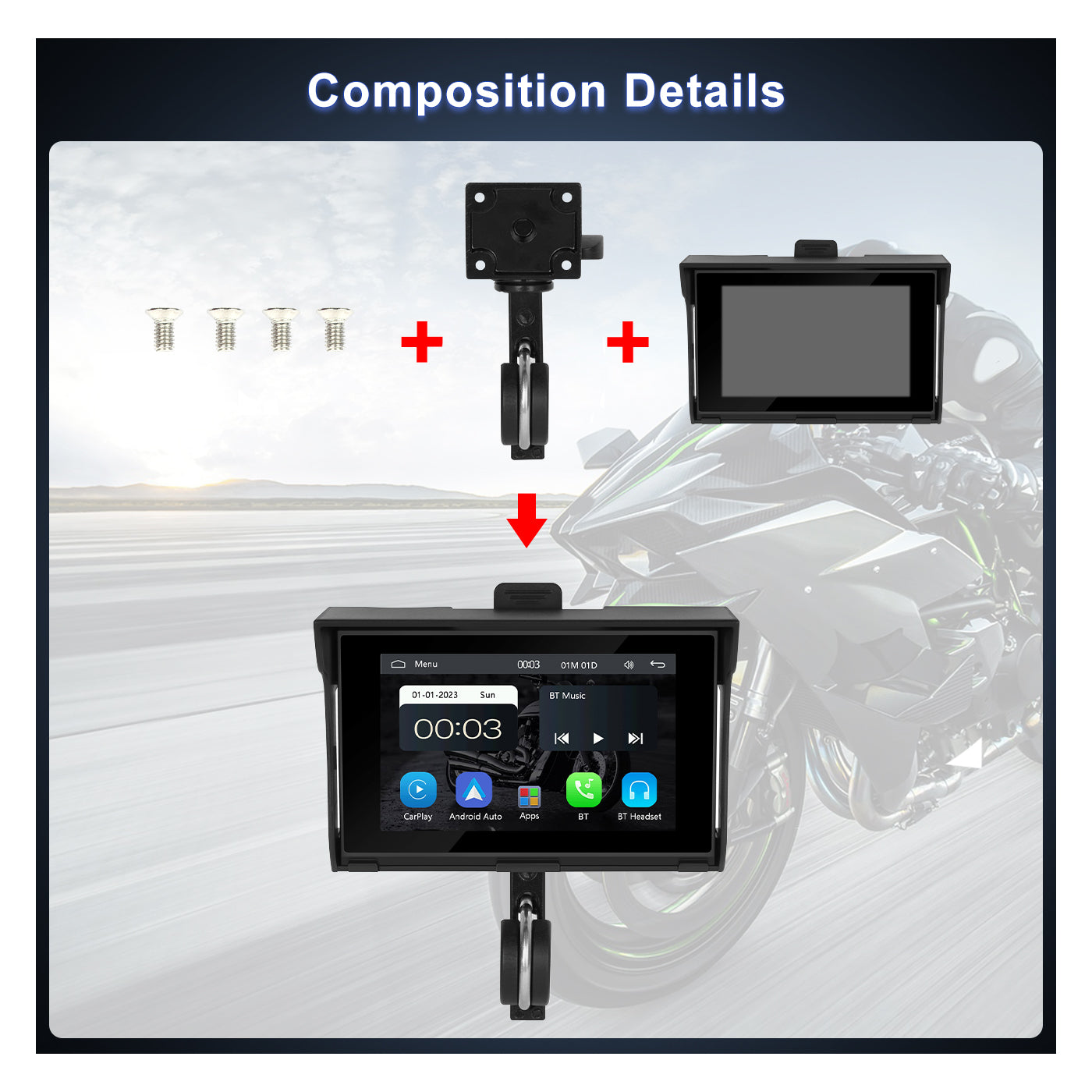 Zmecar 5" Motorcycle Carplay Portable Android Auto Screen Supports Android AirPlay Android Cast, Bluetooth transmitter TF/USB