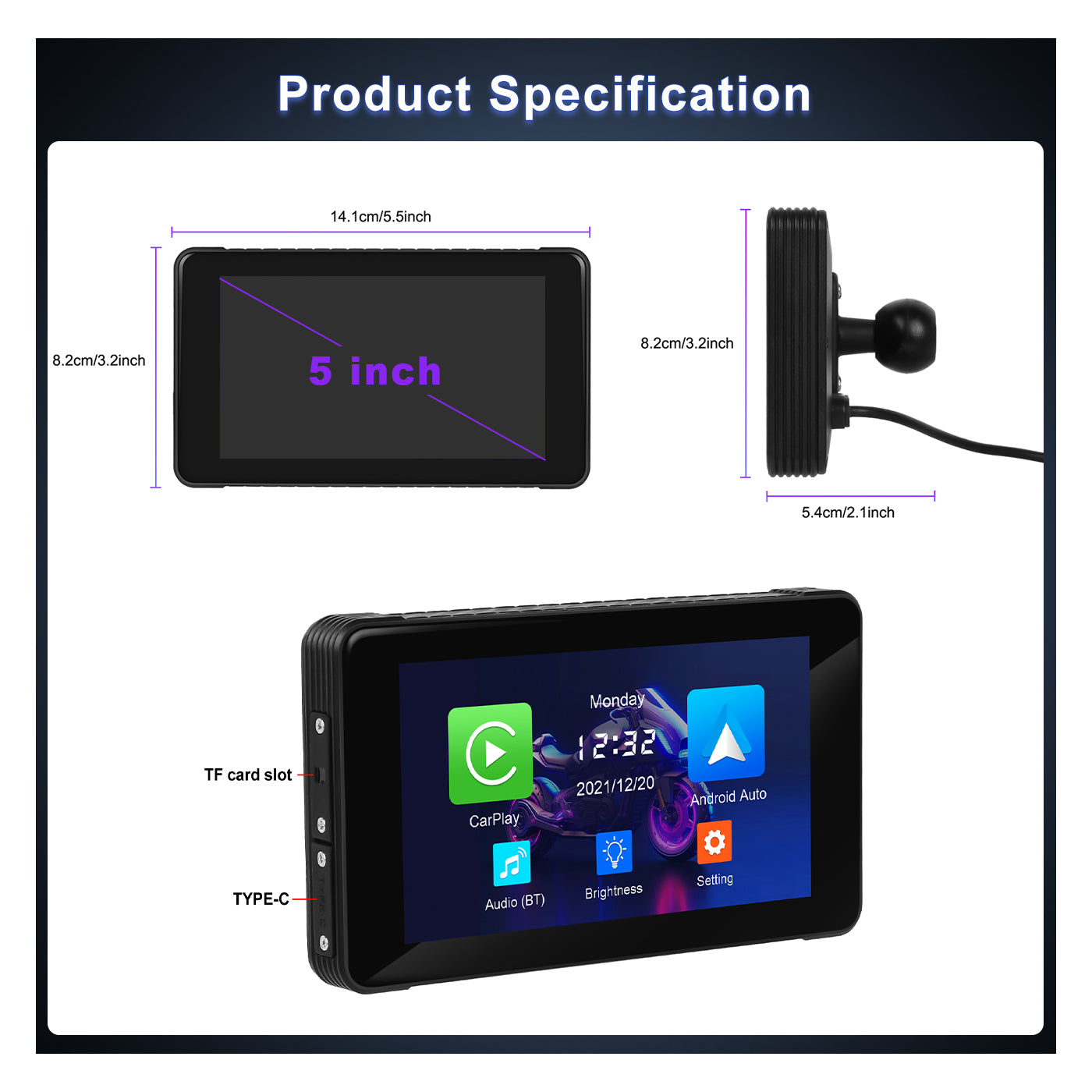 Zmecar 5inch Motorcycle GPS Wireless Carplay Android Auto Screen IP65 Waterproof screen, Dual Bluetooth Connectivity, TF/Type-C for Software Upgrade