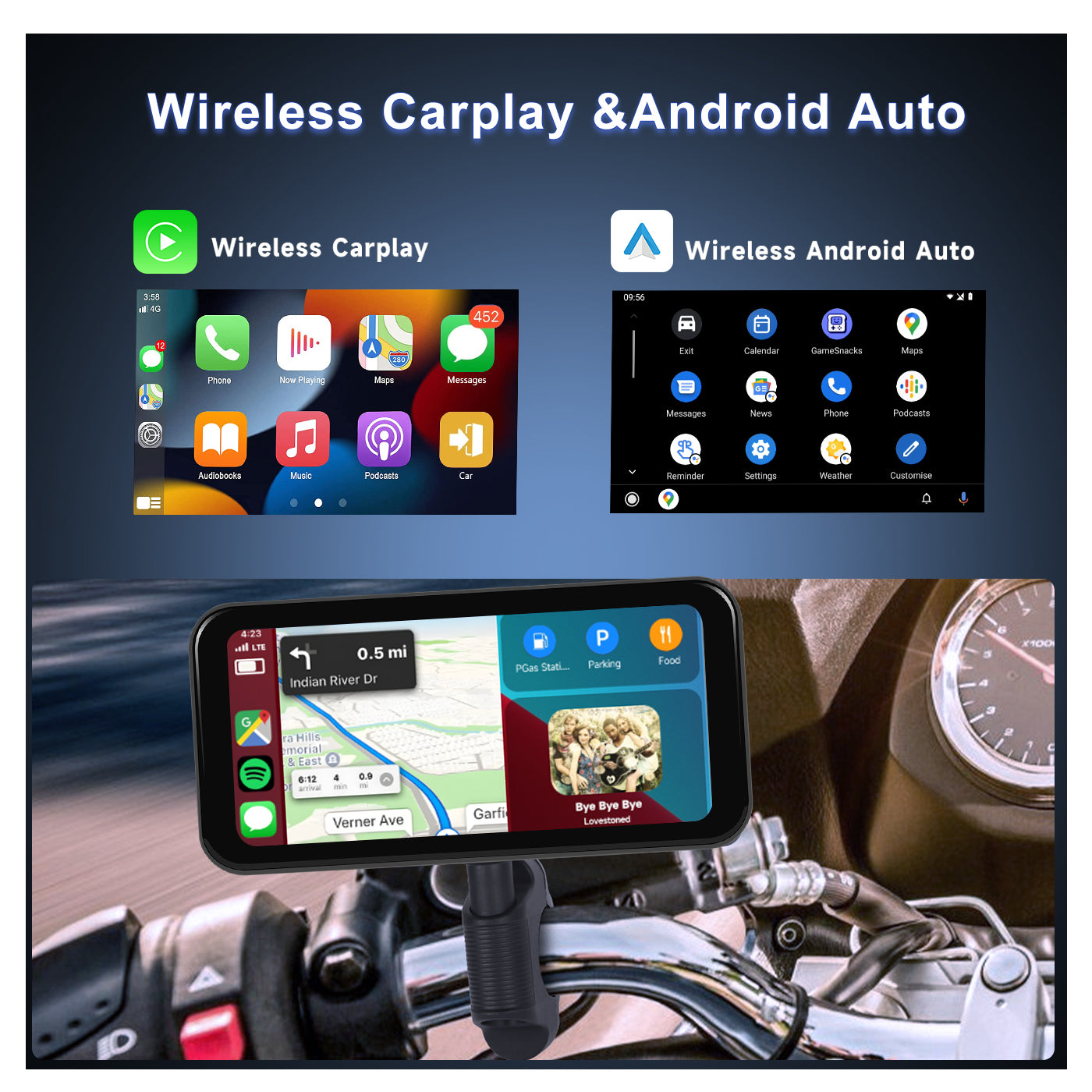 Zmecar 6.25-inch Portable Motorcycle Carplay&Android Auto Screen With Steering Wheel Control Waterproof IP67, Bluetooth Helmet, Auto Brightness