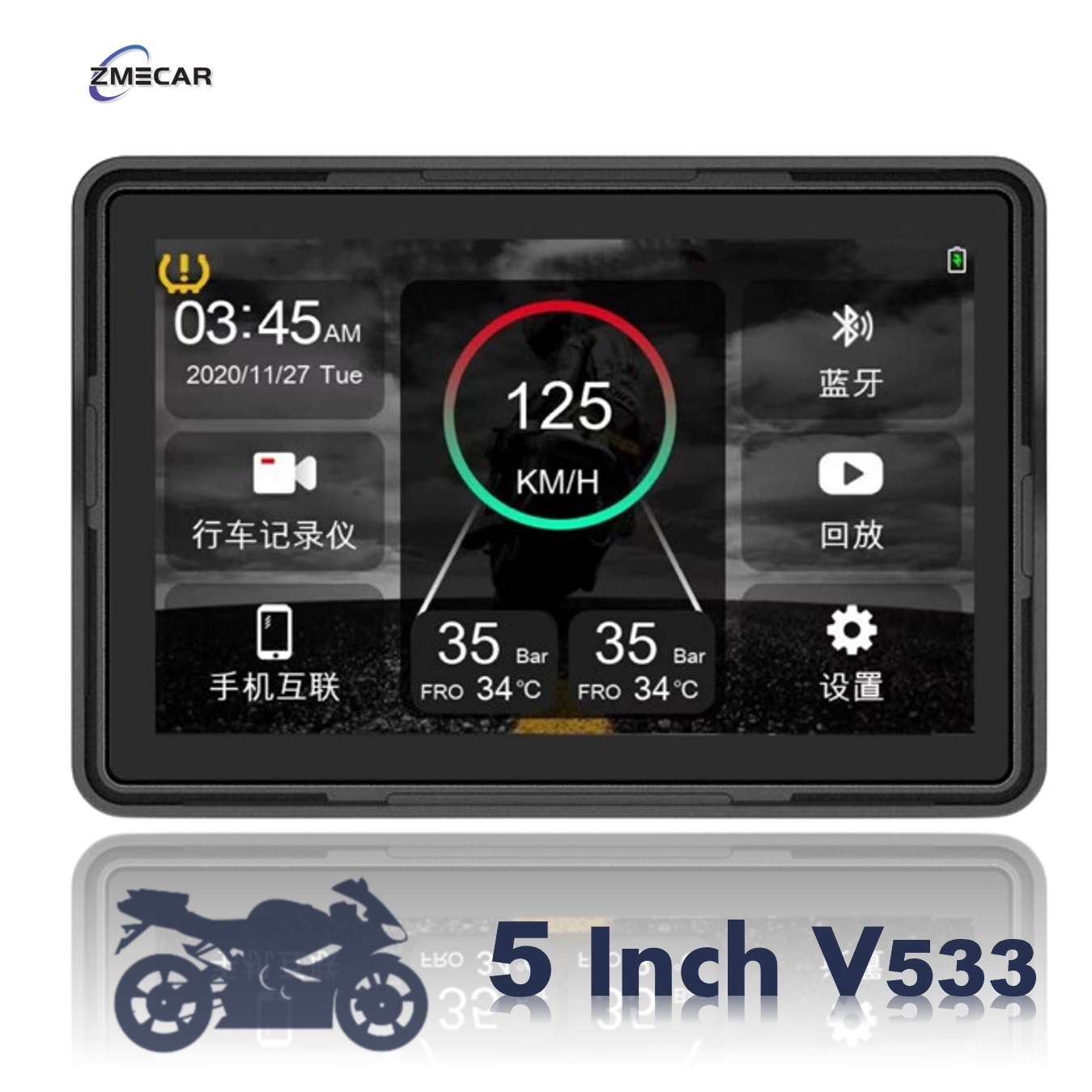 Zmecar V533 Motorcycle IP67 Waterproof 5" Touch Screen GPS TPMS DVR SWC Camera BT Navigation Motorcycle Carplay