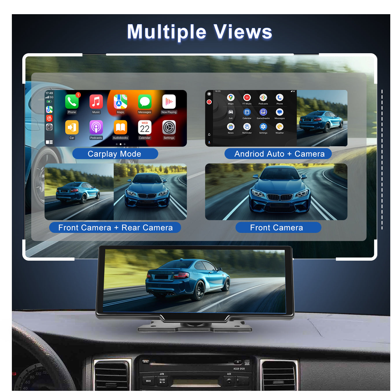 Zmecar 10.26" Portable Wireless Apple CarPlay & Android Auto Car Touch Screen, Support dual Cameras/Mirror Link/Loop Recording