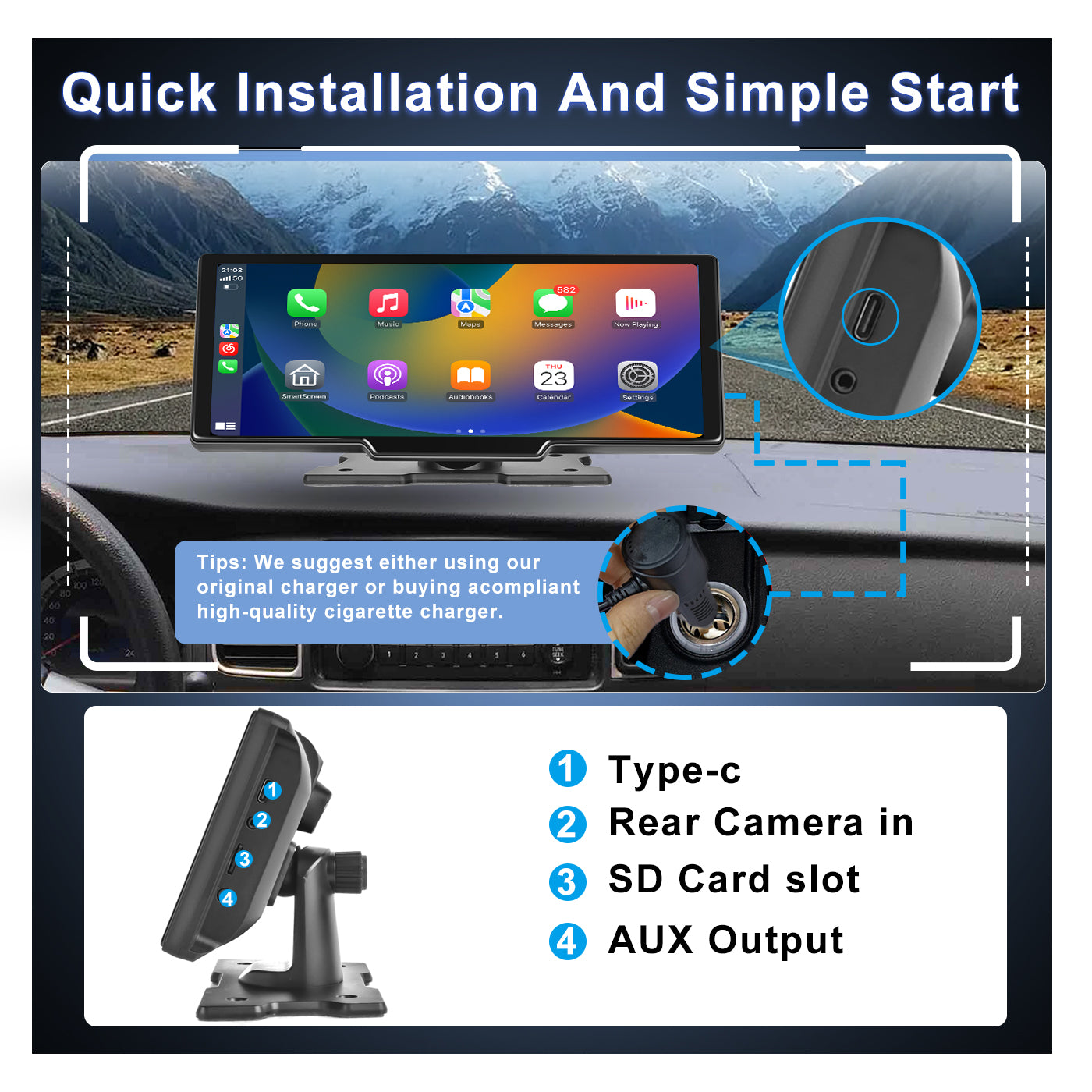 Zmecar 10.26" Portable Wireless Apple CarPlay & Android Auto Car Touch Screen, Support dual Cameras/Mirror Link/Loop Recording