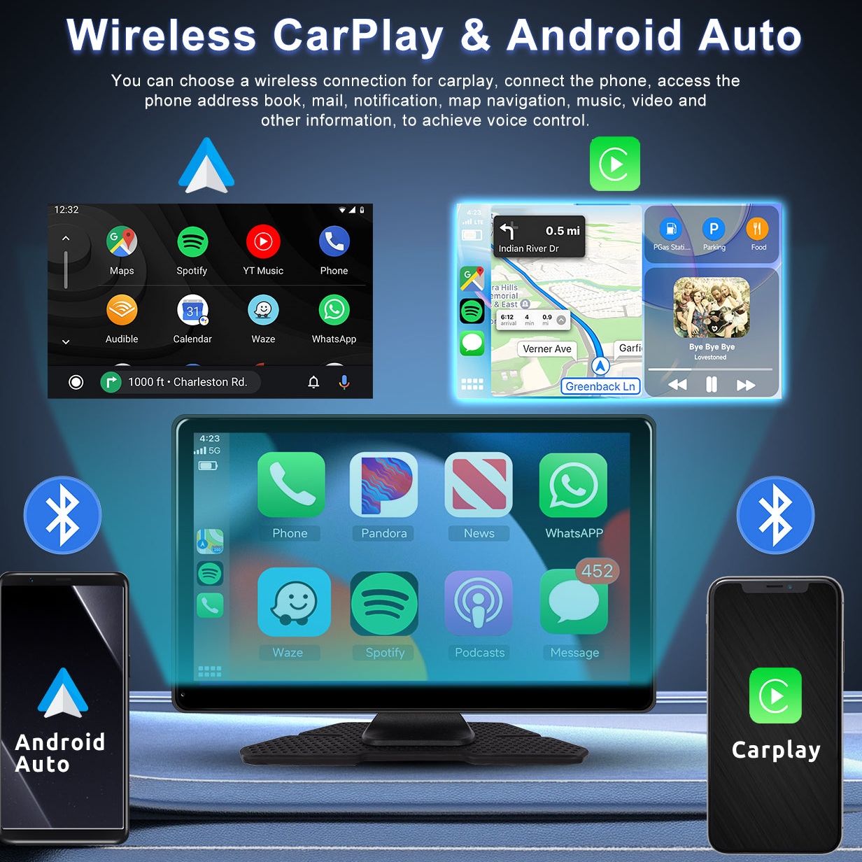 9 Inches 4G+64G Android 13.0 Portable Wireless Carplay Screen Car Stereo, High-definition DVR with Front Camera, Android Auto Touchscreen, GPS Navigation, WiFi,Bluetooth, Supports Android Cast Apple Airplay