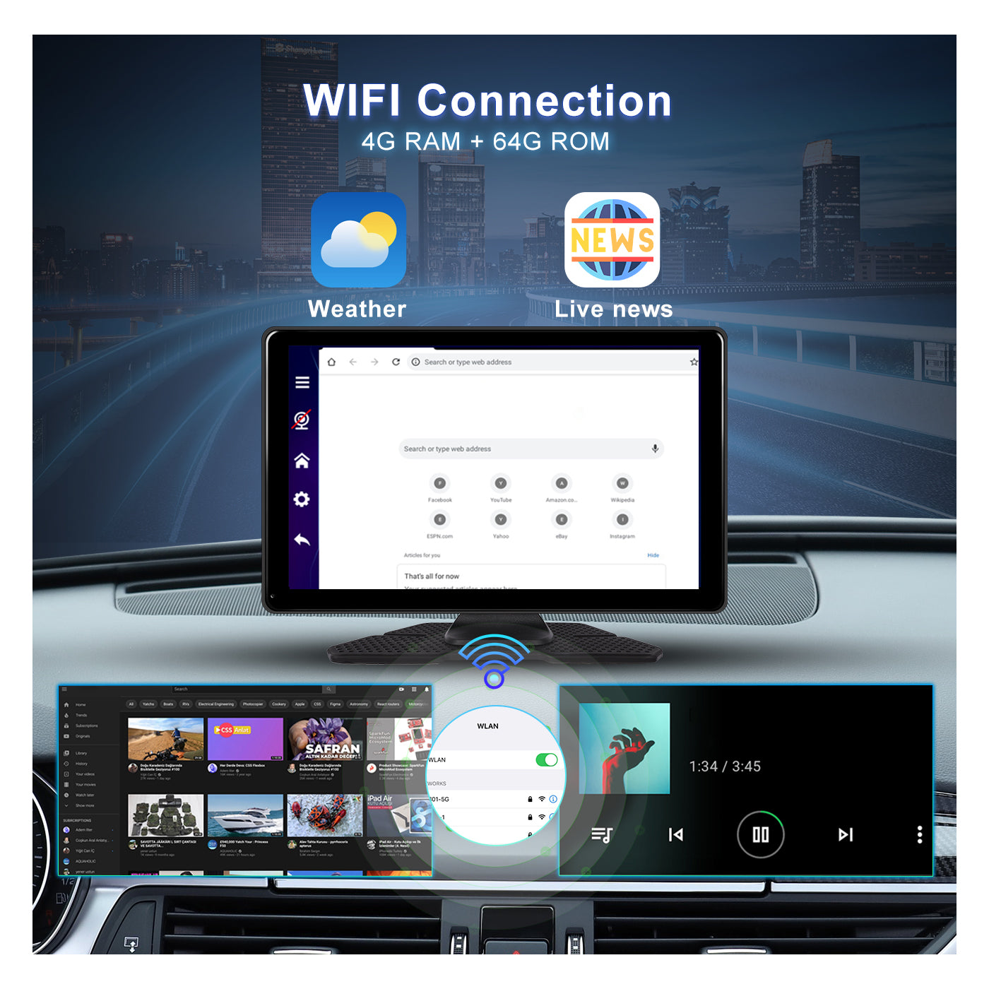 9 Inches 4G+64G Android 13.0 Portable Wireless Carplay Screen Car Stereo, High-definition DVR with Front Camera, Android Auto Touchscreen, GPS Navigation, WiFi,Bluetooth, Supports Android Cast Apple Airplay