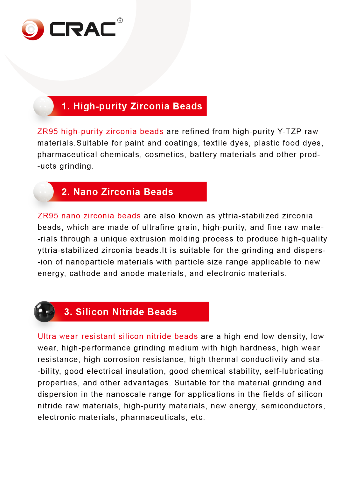Silicon nitride beads and zirconia grinding media product overview