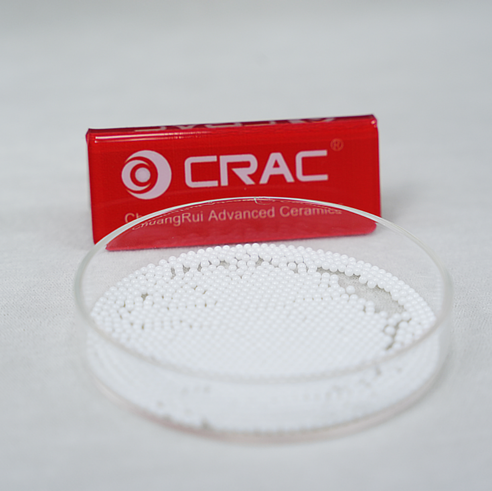 Zirconia grinding beads in fine sizes presented with the CRAC brand marker